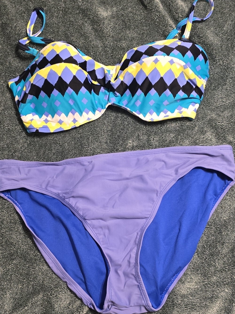 Colorblock Bandeau Bikini Set with Patterned Top - Purple & Teal